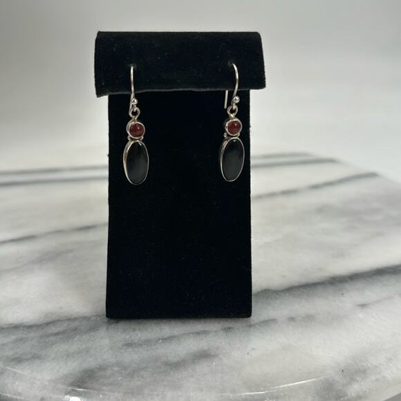 Sterling silver obsidian and amber drop earrings - Picture 1 of 5